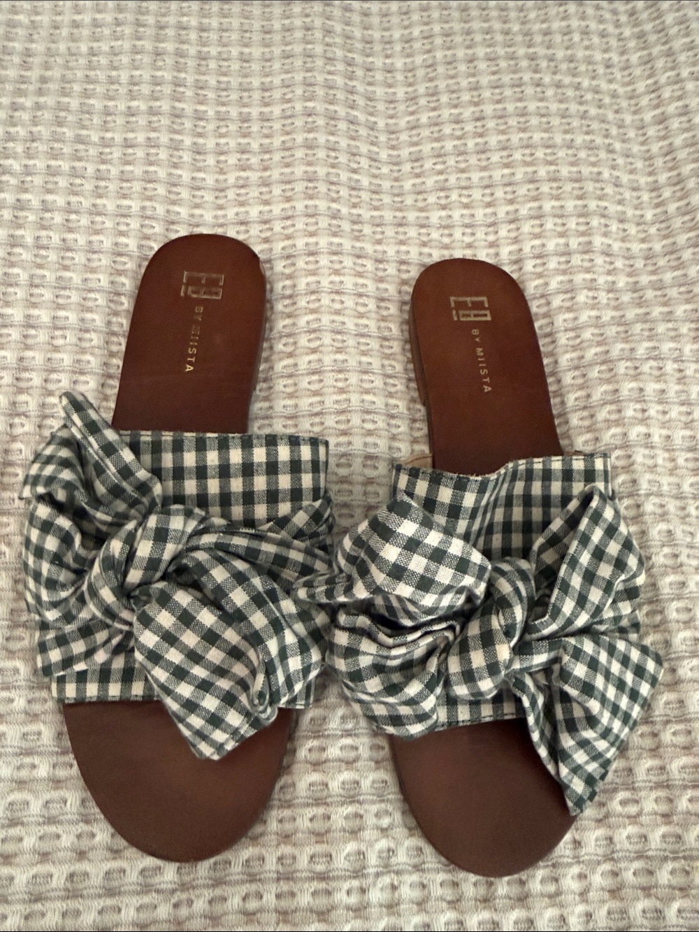 Miista Brown Footbed Sandals with Green & White Gingham Bow size 38/7.5